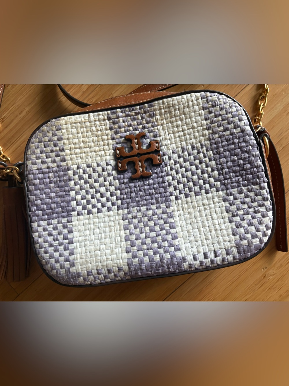 Tory Burch Woven Crossbody in Lavender, White & Brown Logo